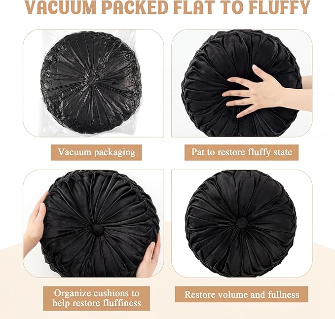Drydiet 1 Pcs Round Throw Velvet Pillows Decorative Pleated Throw Pillows 15'' Diameter Accent Pumpkin Boho Chair Cushion for Couch Sofa Home Decoration (Black)