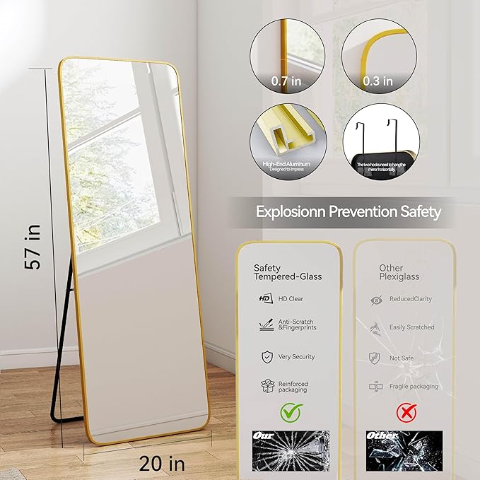 SCWF-GZ 57x20 Door Hanging Full Length Mirror, Floor Stand (Height 5.7ft just Body in1.3ft) Wall Mounted Metal Frame Rectangle Dressing Mirrors for Bedroom Room 57 inch Gold