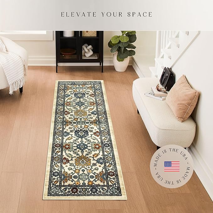 Maples Rugs Benton Oriental Runner Rug – Made in USA – Washable, Non-Slip, Low Profile Indoor Rug for Hallway, Kitchen, and Laundry Room, 2' x 6', Beige