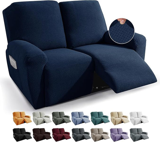JIVINER 6-Piece Loveseat Recliner Slipcover Stretch Jacquard Recliner Sofa Cover 2 Seater Washable Reclining Couch Cover with Pocket Fitted Furniture Protector Cover (Loveseat Recliner, Navy Blue)