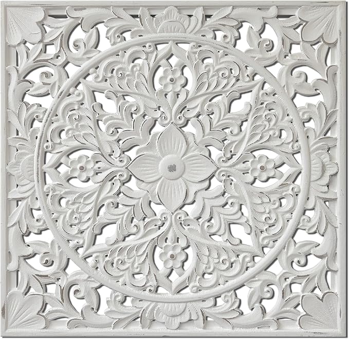 XIAOAIKA Boho Carved Wood Wall Sculpture, Intricate Floral Mandala Design with Distressed White Finish, Vintage Farmhouse Wall Art Panel with Solid Wood Frame for Bedroom Entryway (22" x 22")