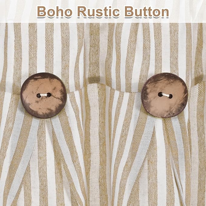 ASPMIZ Farmhouse Valances for Windows, Cotton Linen Kitchen Curtains Valances with Rustic Buttons, Khaki Striped Window Valance for Living Room, Boho Valance Curtains for Bathroom, 52 x 18 Inches