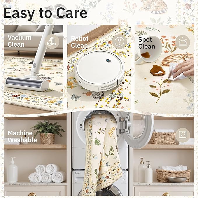 Soalmost Cat 4x6 Area Rugs, Machine Washable Animal Floral Accent Rug Non-Slip Low Pile Soft Throw Rugs for Entryway Kitchen Bedside Living Room Bedroom Nursery Playroom (4 x 6,Beige)