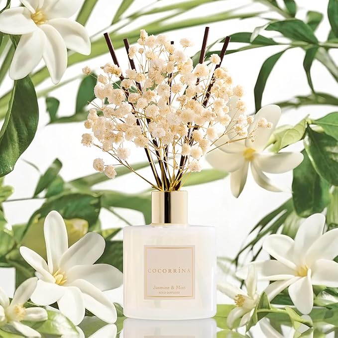 COCORR??NA Reed Diffuser - Jasmine & Mint 6.7 Fl.oz Reed Diffuser Set with Sticks & Preserved Baby's Breath, Reed Diffuser for Home Bathroom Shelf Decor