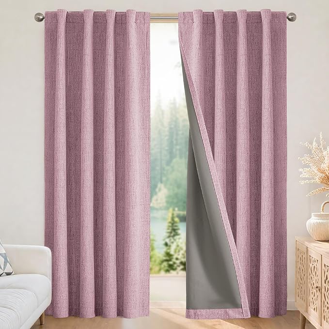 Joydeco Blackout Curtains for Bedroom - 100% Light Blocking 2 Panels Set Pink Drapes 66" W x 96" L, Thermal Insulated Room Darkening Curtains, Linen Textured for Living Room, Rod Pocket & Back Tabs