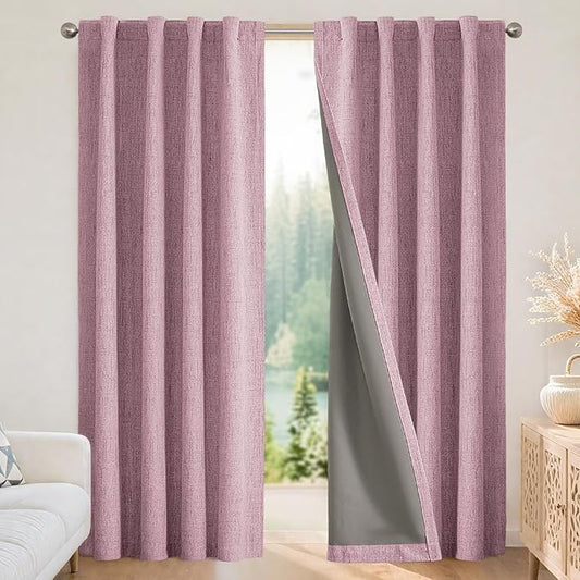 Joydeco Blackout Curtains for Bedroom - 100% Light Blocking 2 Panels Set Pink Drapes 66" W x 96" L, Thermal Insulated Room Darkening Curtains, Linen Textured for Living Room, Rod Pocket & Back Tabs