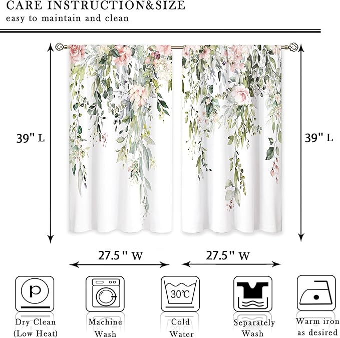 Eucalyptus Botanical Leaves Pink Rose Floral Kitchen Window Curtains Flower Plant Leaf Small Window Treatment Sage Green Cafe Short Curtains for Bathroom Treatment Tier Drapes 27.9x39 inch