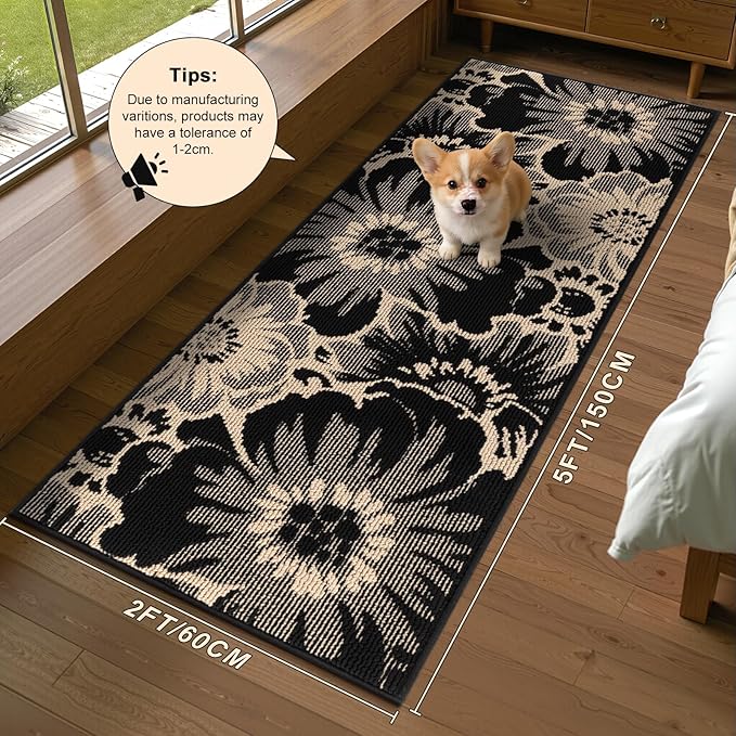 Findosom Hallway Runner Rug 2x5, Non Slip High-Low Textured Floral Washable Runner Rug with Rubber Backing, Boho Carpet Runner for Kitchen, Entryway, Bedroom, Laundry, Black & Beige