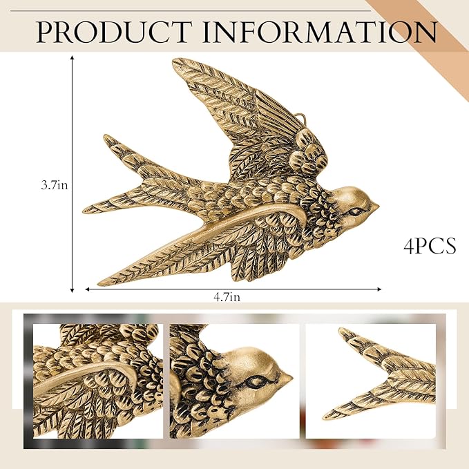 4 Pcs Vintage Bird Wall Sculpture Decor Art 4.7 Inch Antique 3D Sculpted Hanging Bird Resin Wall Art Golden Brass Floating Ornament for Living Room Garden Outdoor, Gifts for Couples Housewarming