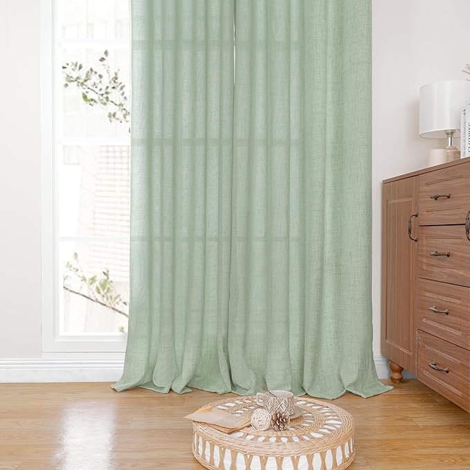 YoungsTex Sage Green Linen Curtains 48 Inch Length for Living Room Window, Short Drapes Light Filtering with Bronze Grommet Privacy for Kitchen Bedroom, 42 x 48 Inch, 2 Panels