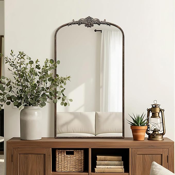 Besdomus Vintage Black Arched Mirror: 24"x42" French Large Arch Black Antique Vanity Wall Mounted Mirror - Traditional Ornate Metal Framed for Living Room/Entryway/Bathroom - Idea for Young Couples