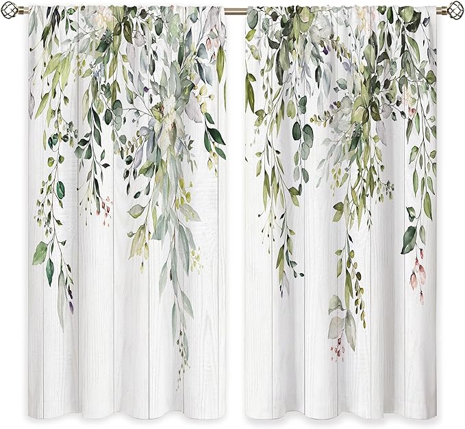 Farmhouse Sage Eucalyptus Botanical Leaves Floral Window Curtains Wooden Watercolor Wooden Flower Plant Wildflower Curtain Drapes Herb Curtains for Bedroom Living Room Treatment 42Wx63H Inch