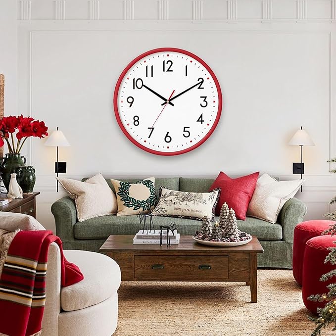 HZDHCLH Wall Clock Red,Silent Wall Clocks Battery Operated 10 Inch Modern Non Ticking Analog Clock Decorative for Kitchen Bedroom Living Room Office Classroom