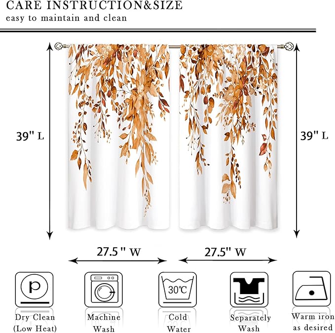 Orange Eucalyptus Botanical Leaves Floral Kitchen Window Curtains Over Sink Farmhouse Flower Fall Small Window Treatment Cafe Short Curtains for Bathroom Treatment Tier Drapes 27.5x39 inch