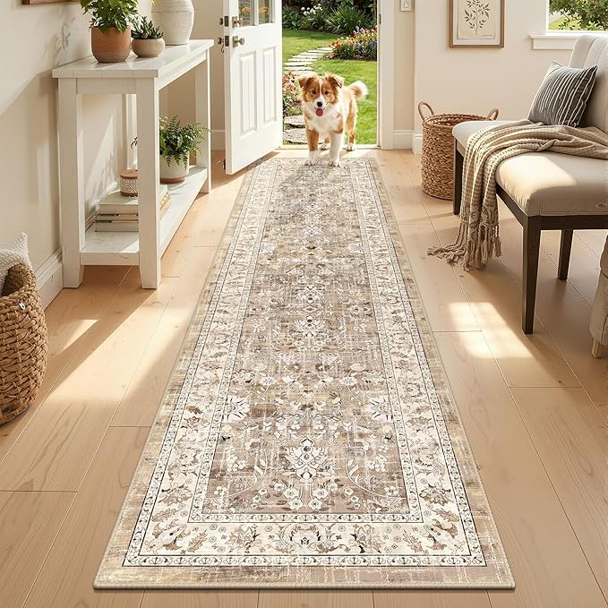 LOKHOM Washable Runner Rug, 2x8 Non-Slip Vintage Hallway Runner Rug with Rubber Backing, Boho Floral Soft Faux Wool Kitchen Rug Carpet Runner for Laundry Entryway Bedroom (Beige Brown)