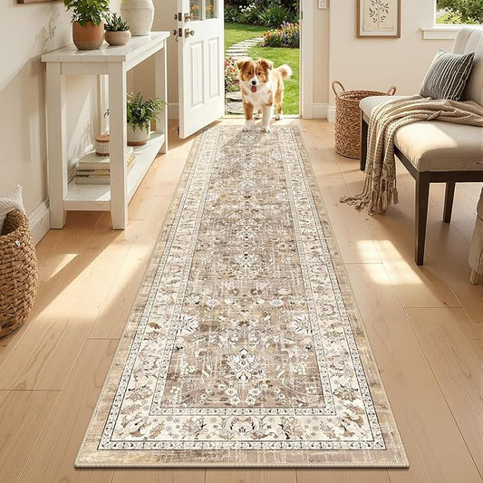 LOKHOM Washable Runner Rug, 2x8 Non-Slip Vintage Hallway Runner Rug with Rubber Backing, Boho Floral Soft Faux Wool Kitchen Rug Carpet Runner for Laundry Entryway Bedroom (Beige Brown)