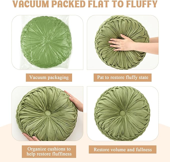 Drydiet 2 Pcs Round Throw Velvet Pillows Decorative Pleated Throw Pillows 15'' Diameter Accent Pumpkin Boho Chair Cushion for Couch Sofa Home Decoration (Olive Green)