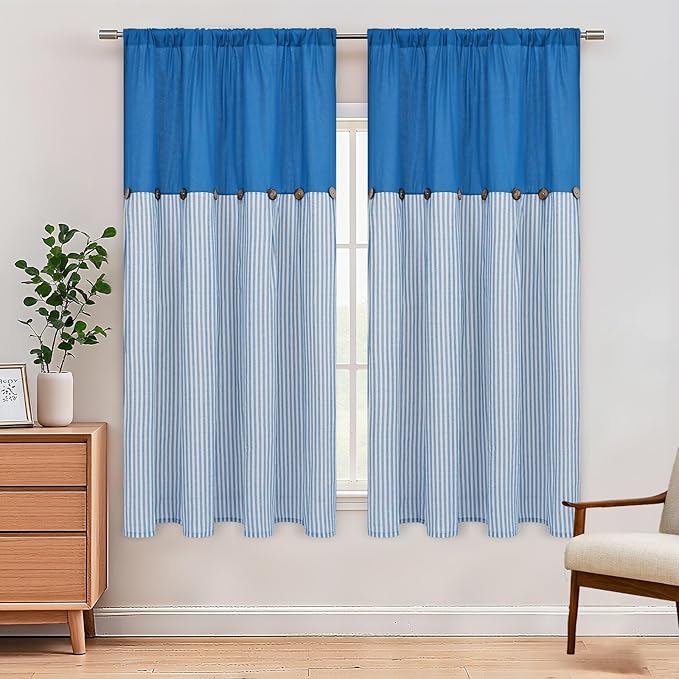 ASPMIZ Farmhouse Living Room Curtains Boho, Country Linen Curtains with Rustic Buttons, Rod Pocket & Back Tab Lake Blue Striped Curtain for Bedroom Window Curtain Home Decor, 52 x 63 Inch, 2 Panels