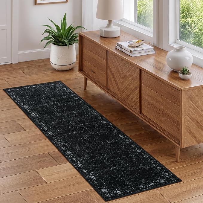 Hedlive Vintage Black Kitchen Runner Rug, 2x6 Washable Runners for Hallways Non Slip, Ultra-Thin Floor Carpet Runners for Hallway 6 ft Entryway Laundry Bedroom Bathroom(2'x6', Black)