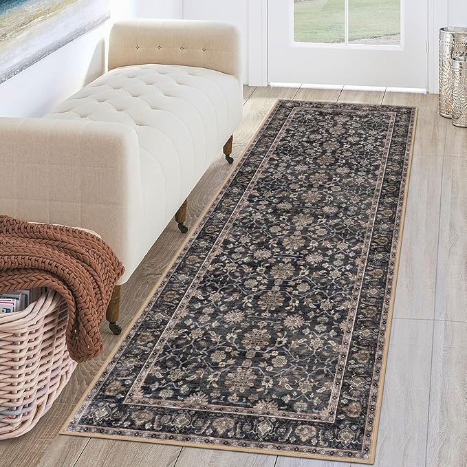 KUTA Runners for Hallways 2x6, Vintage Floral Rug Non-Slip Washable Kitchen Rugs Brown Ultra Thin Soft Printed Distressed Flower Carpet Entryway Rugs for Bedroom Laundry Nursery