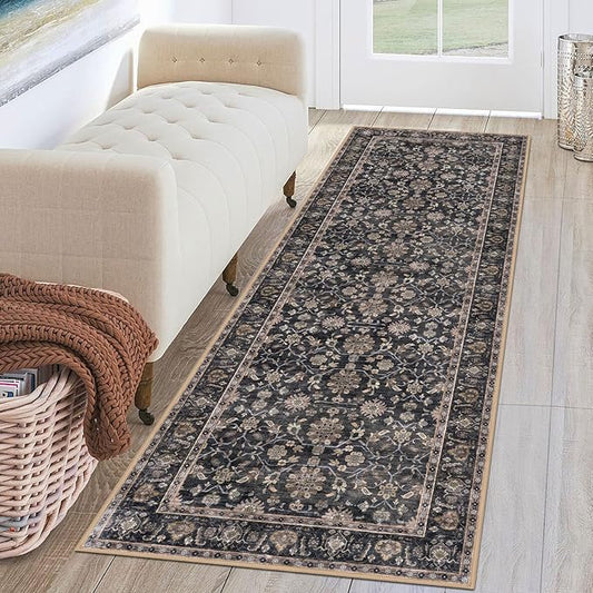 KUTA Runners for Hallways 2x6, Vintage Floral Rug Non-Slip Washable Kitchen Rugs Brown Ultra Thin Soft Printed Distressed Flower Carpet Entryway Rugs for Bedroom Laundry Nursery