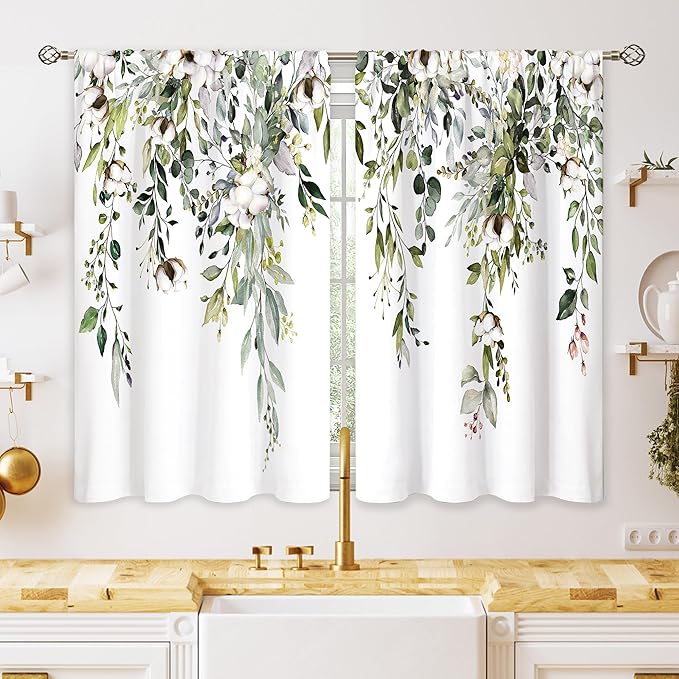 Eucalyptus Botanical Leaves Sage Green Cotton Floral Kitchen Window Curtains over Sink Farmhouse Flower Leaf Small Treatment Cafe Short Curtains for Bathroom Treatment Tier Drapes 27.5x39 inch