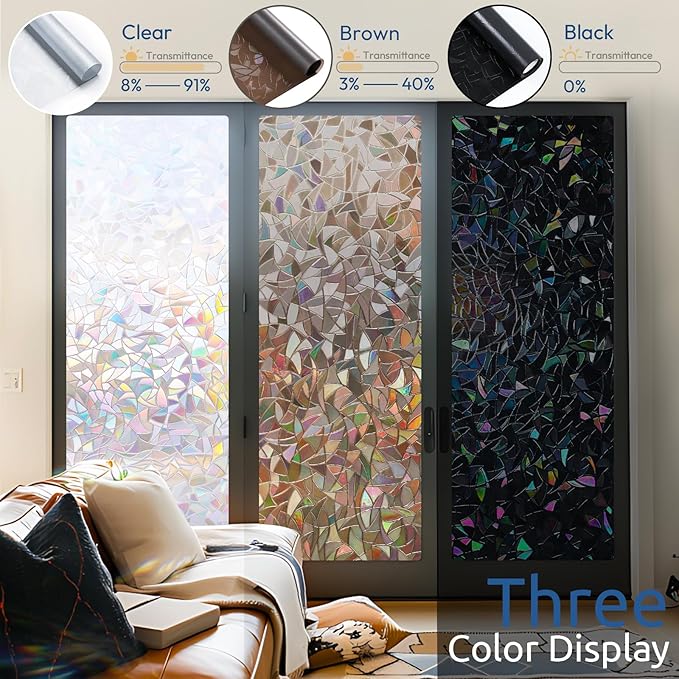 rabbitgoo Window Privacy Film Rainbow Film Decorative Window Sticker, 3D Static Stained Glass Cling Tint for Home Heat Control Non-Adhesive, Brown, 17.5 x 78.7 inches