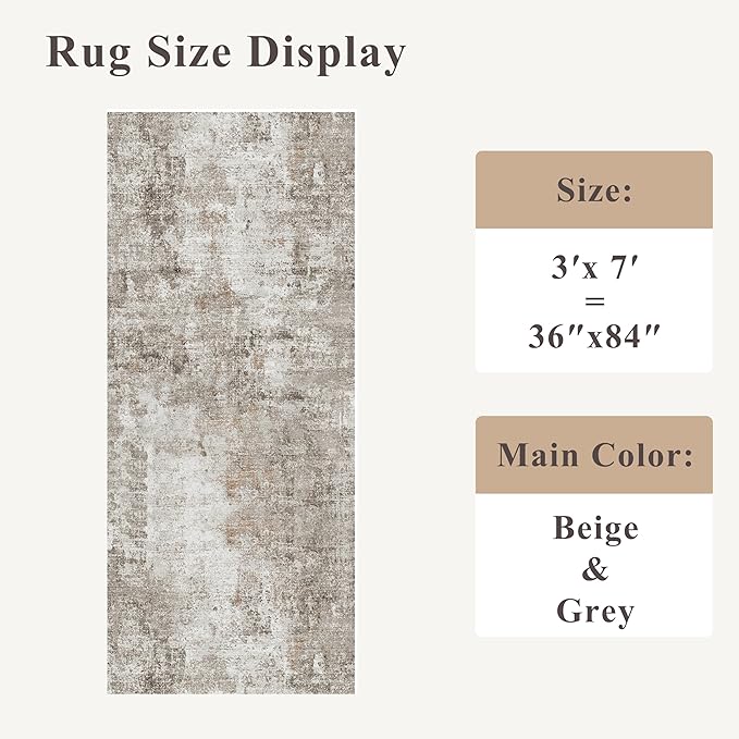 3x7 Washable Non-Slip Kitchen Runner Rug – Modern Abstract Neutral Beige & Gray Carpet for Hallway, Entryway, Bedroom, Laundry Room – Low-Pile Thin Wide Floor Runner (Gold Grey