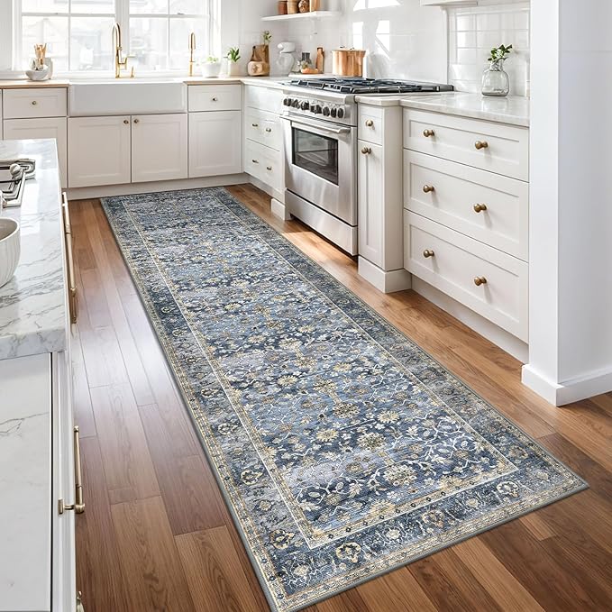 KUTA Vintage Washable Runner Rug, 2.6x10 Blue Grey Beige Runners for Hallways Non-Slip Kitchen Rugs Ultra Thin Soft Printed Distressed Oriental Floral Floor Carpet for Laundry Living Room Nursery