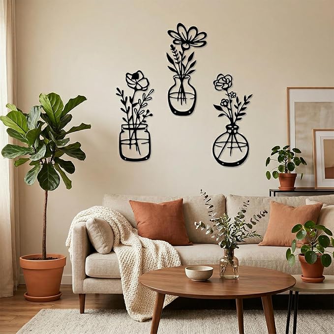 shuielai 3 Pieces Black Metal Flowers Wall Decor 14.56x5.9 Inches Metal Wall Sculptures Hanging Indoor