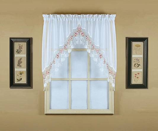 Today's Curtain, Vintage Macramé Organza Swag 38", White/Rose, 58" W x 38" L