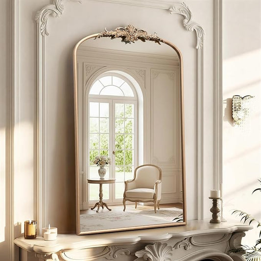 Besdomus Vintage Gold Wall Mirror: 24"x42" French Large Arch Champagne Gold Antique Vanity Wall Mirror - Traditional Ornate Metal Framed for Entryway/Fireplace/Bathroom - Baroque Idea for Housewife