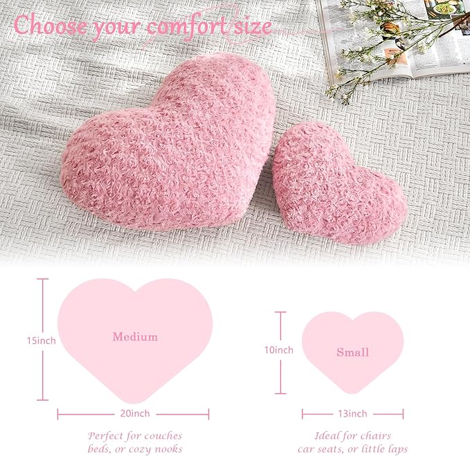 Heart Pillow Pink Throw Pillows, Soft Fluffy Decorative Pillows for Bed Couch Chair, Cute Heart Shaped Room Decor Gifts for Valentine Anniversary Birthday Mothers Christmas (Medium, 20"x15")