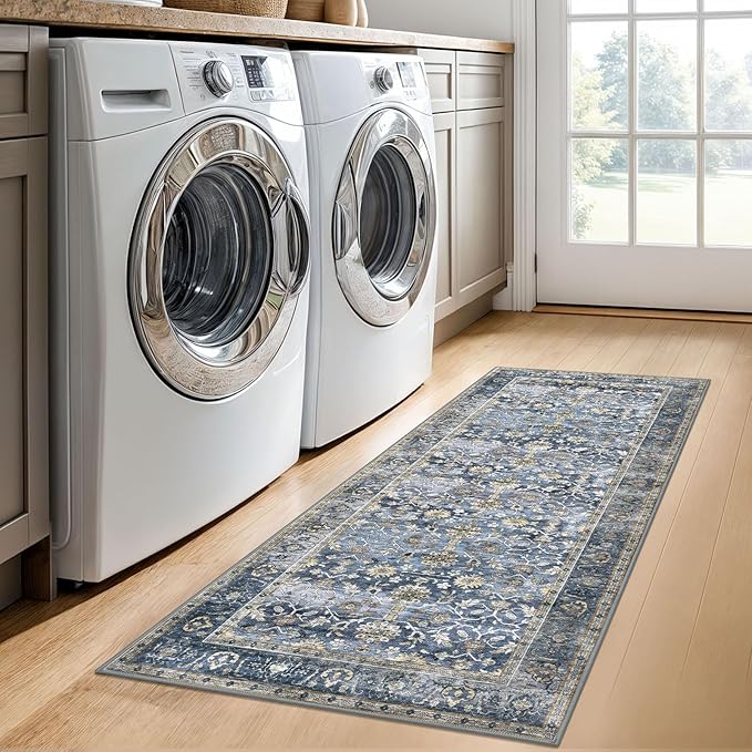 KUTA Runners for Hallways 2x5 ft, Vintage Floral Rug Non-Slip Washable Kitchen Rugs Blue Grey Beige Ultra Thin Soft Printed Distressed Flower Carpet Entryway Rugs for Bedroom Laundry Nursery