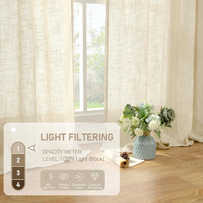 LAMIT Beige Linen Cafe Curtains 24 Inch Length, Semi Sheer Light Filtering Window Panels Back Tab and Rod Pocket Drapes for Kitchen/Small Windows, 25 x 24 Inch, 2 Panels