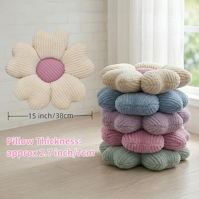 2 Pcs Blue Decorative Throw Pillows, 15'' Cute Daisy Flower Shaped Pillow Floor Seating Cushion for Bed Couch Bedroom Room Dorm Decor (Blue & Ivory)