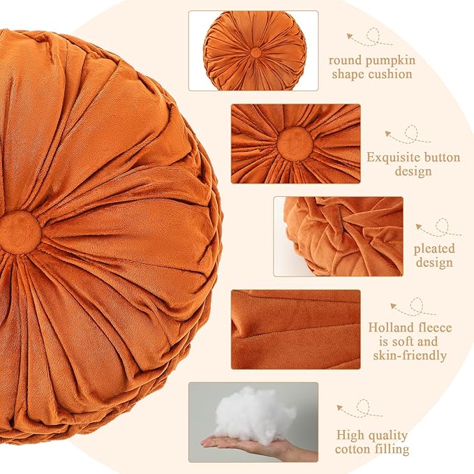 Drydiet 1 Pcs Round Throw Velvet Pillows Decorative Pleated Throw Pillows 15'' Diameter Accent Pumpkin Boho Chair Cushion for Couch Sofa Home Decoration (Brunt Orange)