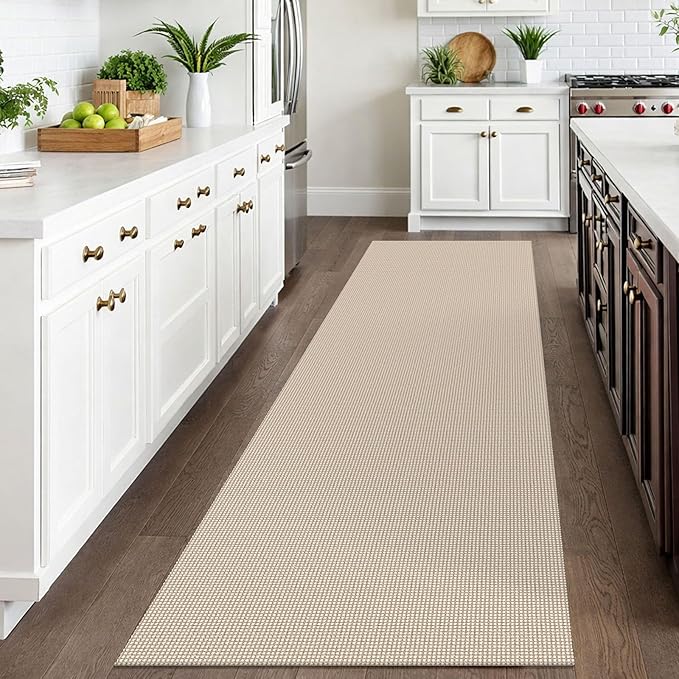 IOHOUZE Washable Runner Rug 3x10 Non Slip Rubber Backed Long Hallway Runner Entryway Runner Indoor, Kitchen Rugs Woven Cotton Floor Carpet for Hall Entrance, Beige/Khaki