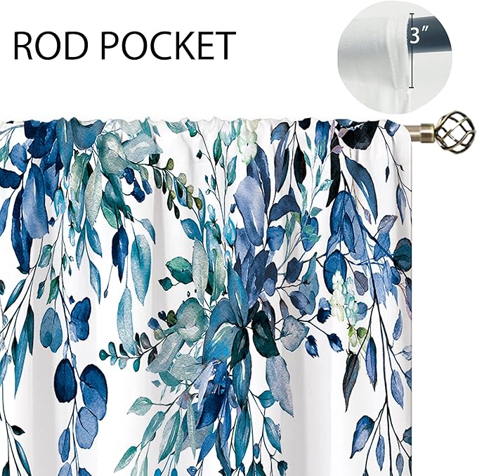 Teal Eucalyptus Botanical Leaves Floral Small Kitchen Curtains Blue Flower Window Treatment Wildflower Plant Cafe Short Window Curtains for Bathroom Room Tier Treatment Drapes 26x36 inch