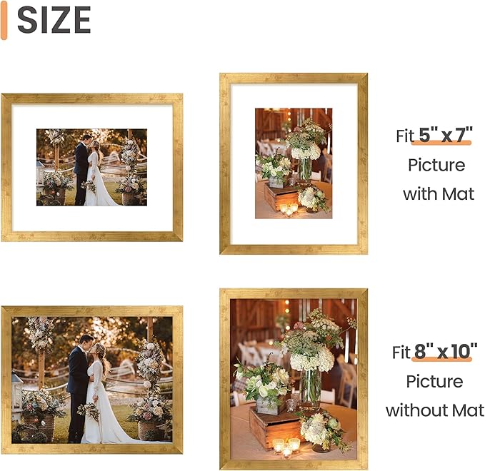 upsimples 8x10 Picture Frame, Display Pictures 5x7 with Mat or 8x10 Without Mat, Wall Hanging Photo Frame, Bronze, 1 Pack