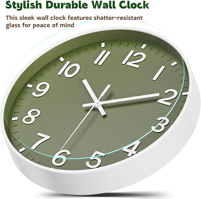 Silent Wall Clock Non-Ticking Battery Operated ?€? Modern Olive Green Analog Wall Clock for Living Room, Kitchen, Office, Bedroom ?€? Stylish Home Wall Decor Clock, 12 Inch