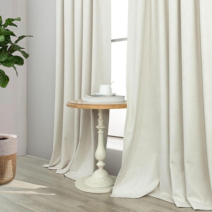 Neutral 80 Inch Nursery Blackout Curtains for Bedroom 80 Inches Long 2 Panel Thermal Curtain for Summer Heat Blocking Linen Textured Custom Made Drapes Pleated Back Tab Rustic Ceiling to Floor Length