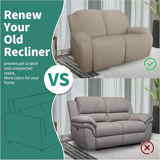 YEMYHOM 6 Pieces Stretch Loveseat Recliner Slipcover Jacquard Recliner Sofa Cover with Side Pocket Fitted Recliner Cover Couch Furniture Protector with Elastic Bottom (Medium, Khaki)