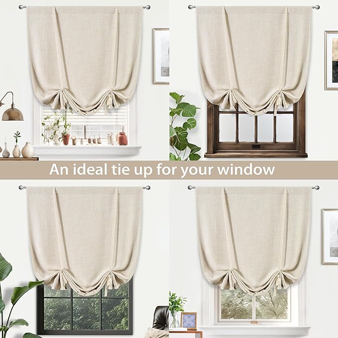 DriftAway Double Layer Linen Blackout Tie Up Curtains Thermal Insulated Fully Lined Balloon Roman Shade Bathroom Window Adjustable Rod Pocket for Small Window 39 Inch by 55 Inch Beige
