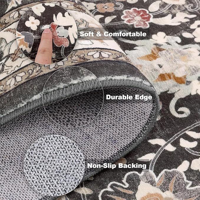 LOKHOM Washable Runner Rug, 2x6 Non-Slip Vintage Hallway Runner Rug with Rubber Backing, Boho Floral Soft Faux Wool Kitchen Rugs Carpet Runner for Laundry Entryway Bedroom (Black)