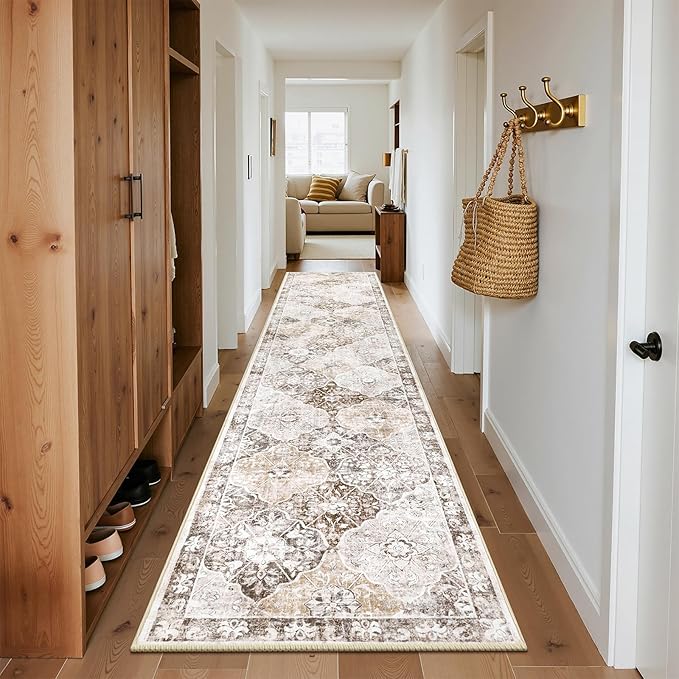 Ileading Washable Hallway Runner Rugs, 2x10 Non Slip Runners Area Rug for Entryway Kitchen Bathroom Bedroom Laundry Living Room, Long Narrow Low-Pile Floor Carpet Boho Vintage Throw Mat for Kids Room