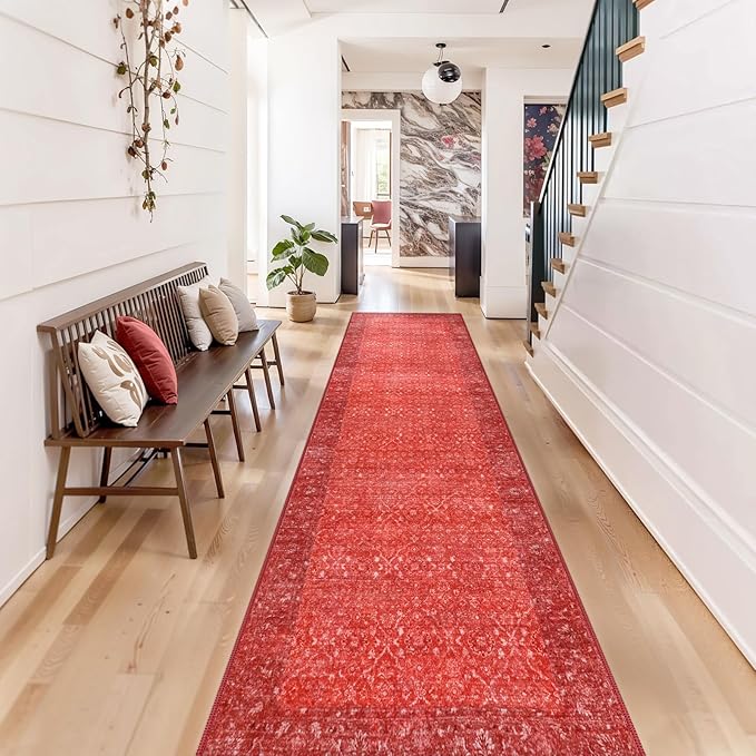 Hedlive Red Runners for Hallways,2.6x10 Washable Kitchen Rug Non Slip, Soft Low Pile Long Runner Rug for Hall Bedroom, Ultra-Thin Floor Carpet for Entryway Party Holiday Decor(2'6"x10', Red)