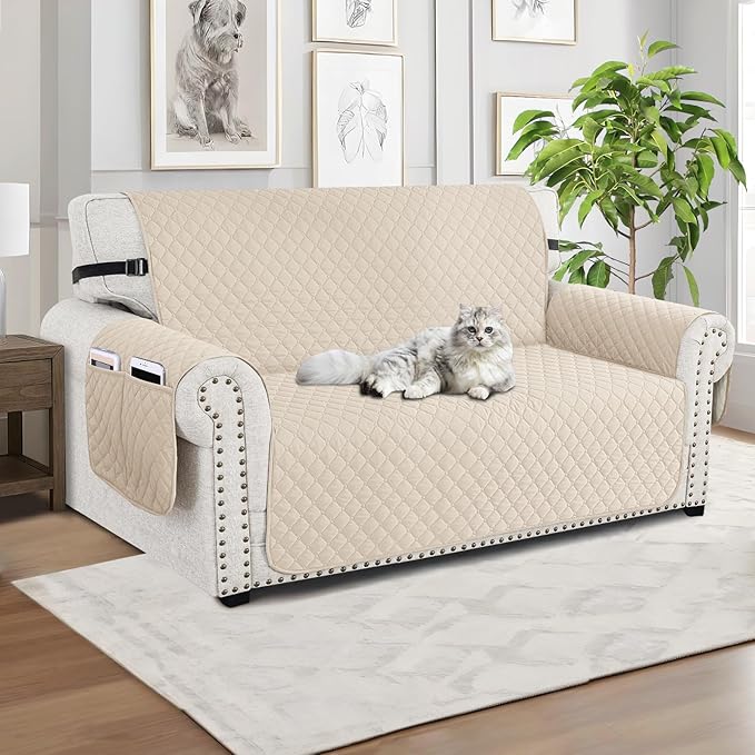 XINEAGE Loveseat Sofa Cover Waterproof Couch Covers for 2 Cushion Couch, Soft Washable Slipcover with Pockets & Non-Slip Elastic Straps, Thick Furniture Protector (Loveseat, Beige)