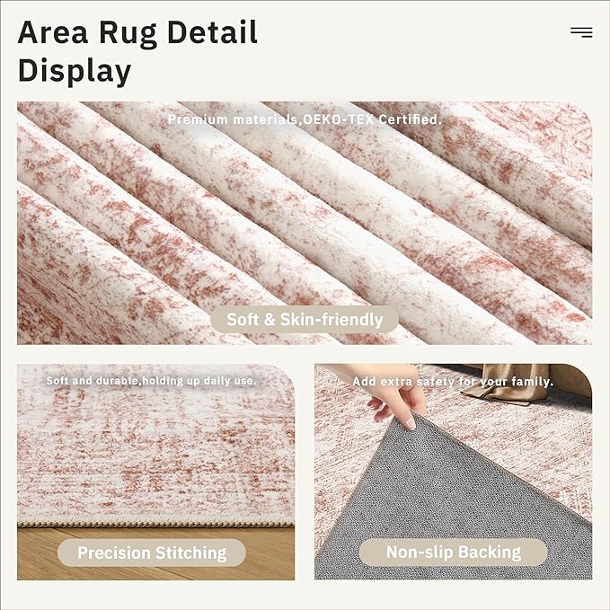 Soalmost 5x7 Area Rugs Pink Low Pile Indoor Washable Trendy Faded Style Rugs for Bedroom Living Room Dining Room Foldable Non-Slip Thin Print Mat
