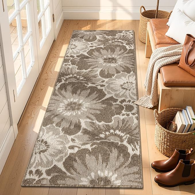 Findosom Hallway Runner Rug 2x6, Non Slip High-Low Textured Floral Washable Runner Rug with Rubber Backing, Boho Carpet Runner for Kitchen, Entryway, Bedroom, Laundry, Brown